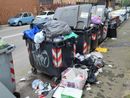 Bidoni strapieni e immondizia dappertutto in via Torricelli a Nichelino