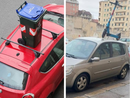 monopattini e bidoni su auto parcheggiate