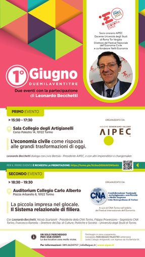 Il 1° giugno a Torino AIPEC organizza incontro sul tema dell'economia civile Il 1° giugno a Torino AIPEC organizza incontro sul tema dell'economia civile