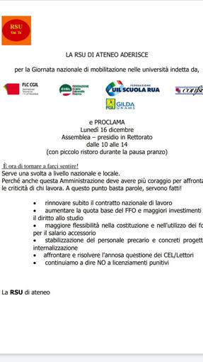 Lunedì 16 dicembre assemblea presidio all'Università di Torino