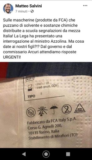 Salvini all'attacco delle mascherine FCA: &quot;Puzzano di solvente, ma cosa date ai nostri figli?&quot;