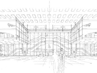 Carlo Mollino, Disegno con il prospetto dell’Atrio delle Carrozze e la vetrina sul foyer del Teatro Regio.