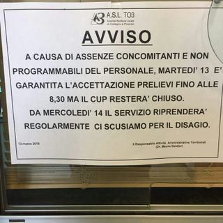 Troppe assenze del personale, oggi il Cup Asl di Alpignano è rimasto chiuso