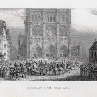 Esmeralda condotta davanti a Notre-Dame per l’impiccagione. Illustrazione tratta da Victor Hugo, Notre-Dame de Paris. Edition illustrée d'après les dessins de MM. E. de Beaumont, L. Boulanger, Daubigny [et al.], Paris, 1844.