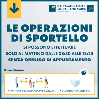 Nuove modalità di accesso alle filiali alla Bcc di Casalgrasso e Sant'Albano di Stura
