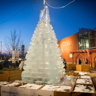 Lo spettacolo di luci e colori dell'albero di ghiaccio nel piazzale di Eataly Torino Lingotto (FOTO E VIDEO)