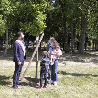 Sindaco con bambino e mamma vicino a un albero