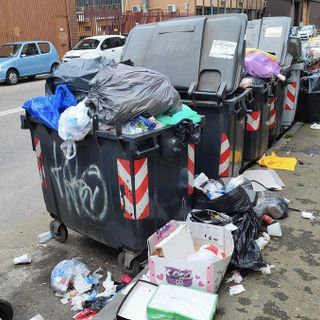Bidoni strapieni e immondizia dappertutto in via Torricelli a Nichelino