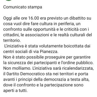 Il Circolo PD 5 Torino: &quot;Oggi dibattito sulla cultura in periferia boicottato dai centri sociali di via Pianezza&quot;