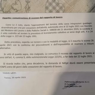 Lettera licenziamento Embraco
