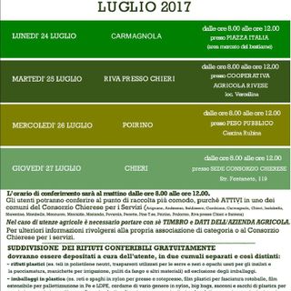 Carmagnola, lunedì 24 luglio giorno di raccolta dei rifiuti agricoli