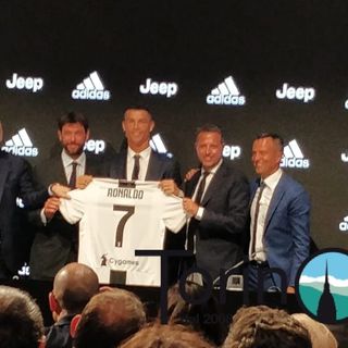 Una immagine della conferenza stampa di Ronaldo ieri all'Allianz Stadium