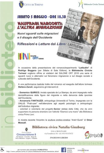 Sabato 5 maggio presentazione del romanzo “Latitudini” di Rodrigo Boggero