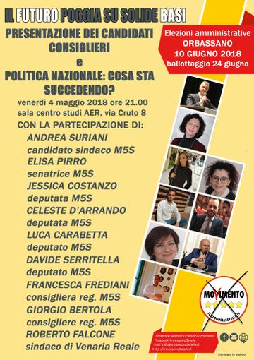 Orbassano, il M5S presenta i suoi consiglieri candidati alle elezioni municipali la sera del 4 maggio