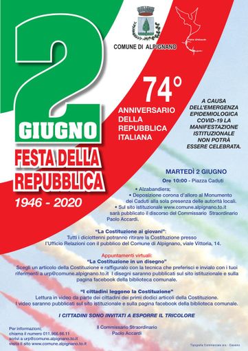 Alpignano, anche la festa del 2 Giugno deve fare i conti con il Covid e diventa virtuale