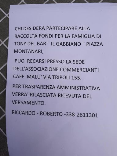 A Santa Rita raccolta fondi per la famiglia di Tony, proprietario del bar &quot;Il gabbiano&quot;