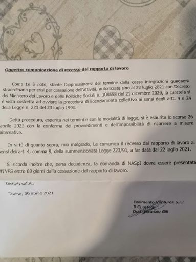 Lettera licenziamento Embraco
