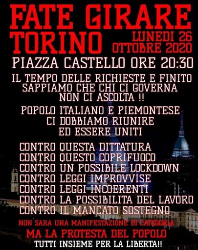 Appelli a Torino contro il coprifuoco: &quot;Scendiamo in piazza e ribelliamoci alla dittatura&quot;
