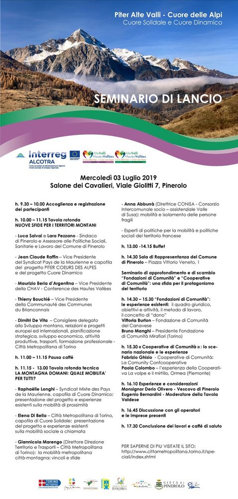 Il 3 luglio a Pinerolo lancio di due progetti del Piter “Cuore delle Alpi”