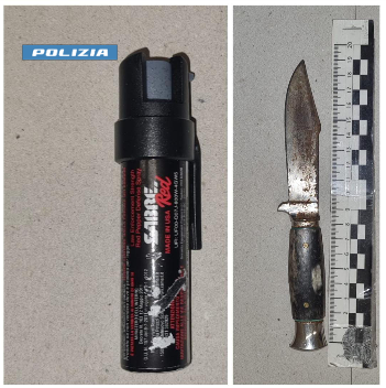 Lo spray e il coltello usati dai rapinatori