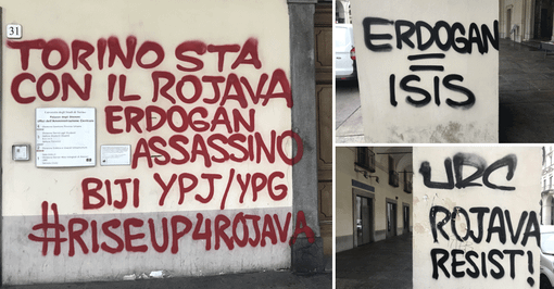 Sui muri di Torino la rabbia contro Erdoğan: imbrattate le colonne di via Po