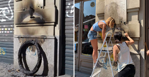 Grave atto vandalico, a fuoco la corona della lapide dei Partigiani in largo Montebello