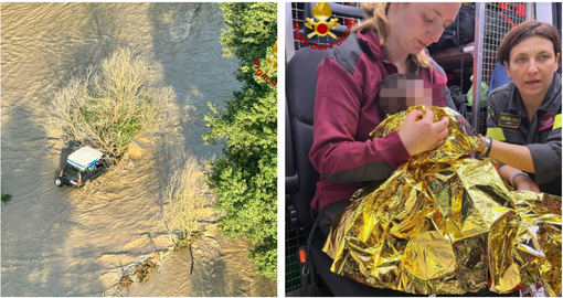 Bambina di tre mesi bloccata nella macchina travolta dalla piena dell’Orco: le immagini dall’elicottero [VIDEO]