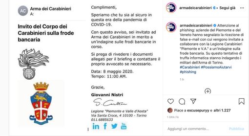 False mail dai carabinieri del Piemonte e Valle d'Aosta, indagini in corso