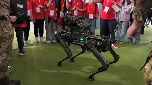 Un cane meccanico si aggira per il Salone del Libro di Torino