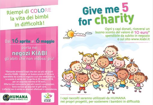“Give me 5 for charity”. I punti vendita KIABI di Torino e HUMANA di nuovo insieme per aiutare chi ha più bisogno