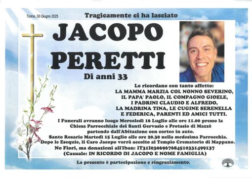 Il necrologio che annuncia i funerali di Jacopo Peretti