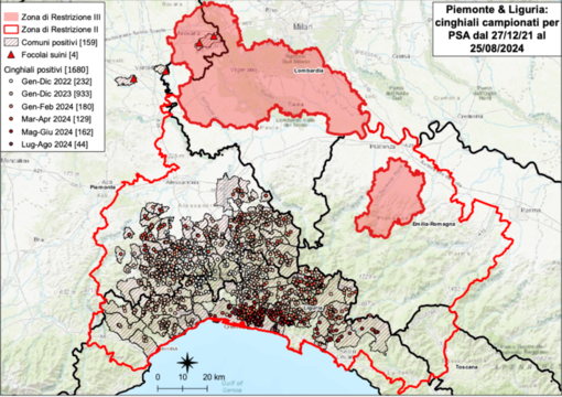La mappa dei casi di positività riscontrati dall'Istituto Zooprofilattico del Piemonte aggiornata allo scorso 25 agosto La mappa dei casi di positività riscontrati dall'Istituto Zooprofilattico del Piemonte aggiornata allo scorso 25 agosto