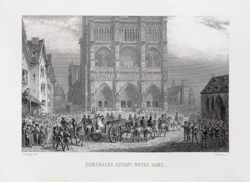 Esmeralda condotta davanti a Notre-Dame per l’impiccagione. Illustrazione tratta da Victor Hugo, Notre-Dame de Paris. Edition illustrée d'après les dessins de MM. E. de Beaumont, L. Boulanger, Daubigny [et al.], Paris, 1844.