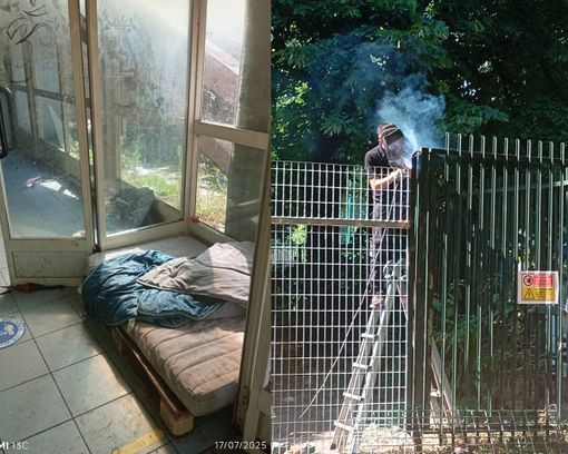 A sinistra uno dei tanti dormitori, a destra l'intervento delle forze dell'ordine