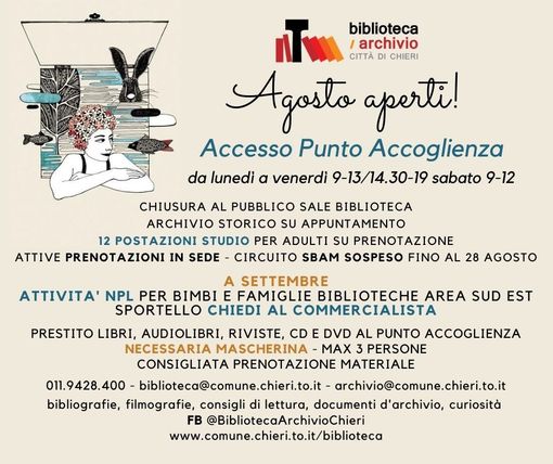 La Biblioteca di Chieri aperta tutto il mese di agosto La Biblioteca di Chieri aperta tutto il mese di agosto