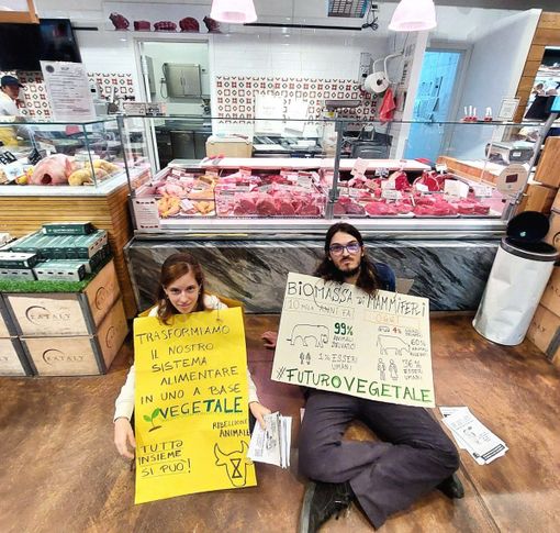 Protesta di Ribellione Animale in alcuni supermercati di Torino per chiedere un sistema alimentare a base vegetale