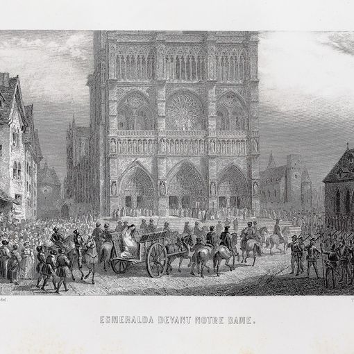 Esmeralda condotta davanti a Notre-Dame per l’impiccagione. Illustrazione tratta da Victor Hugo, Notre-Dame de Paris. Edition illustrée d'après les dessins de MM. E. de Beaumont, L. Boulanger, Daubigny [et al.], Paris, 1844.