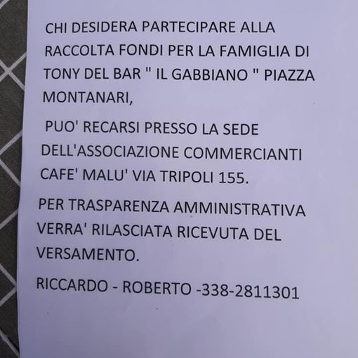 A Santa Rita raccolta fondi per la famiglia di Tony, proprietario del bar &quot;Il gabbiano&quot;