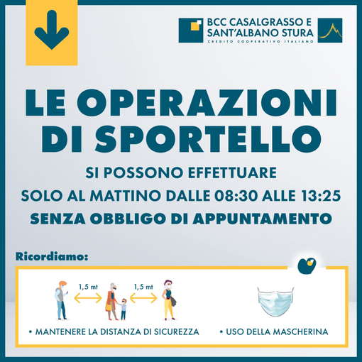 Nuove modalità di accesso alle filiali alla Bcc di Casalgrasso e Sant'Albano di Stura