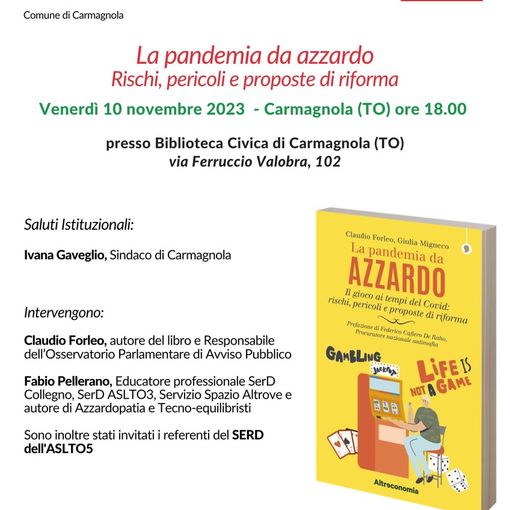 La pandemia da azzardo: il 10 novembre incontro a Carmagnola con Avviso Pubblico