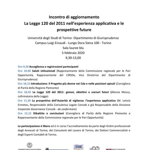 &quot;Più donne nei CdA&quot;: il 5 febbraio al Campus Einaudi incontro sulla Legge 120 del 2011