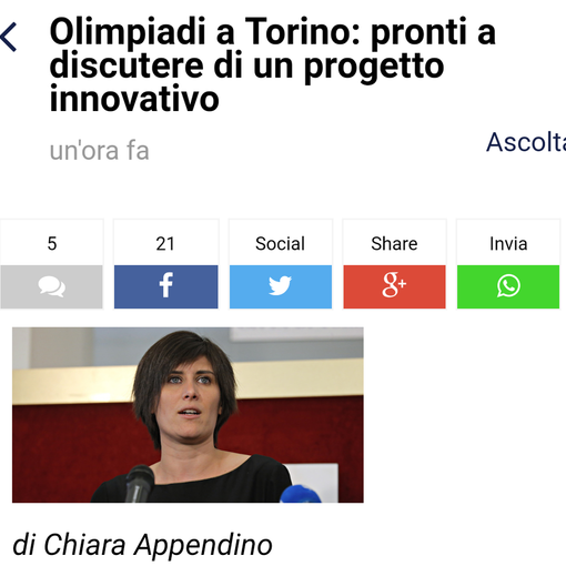 Olimpiadi Torino 2026, Appendino: &quot;Mercoledì scriverò al Coni per ribadire la manifestazione di interesse&quot;