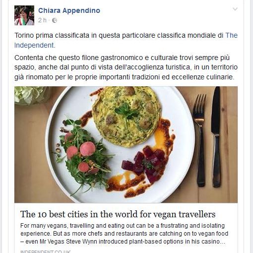 Appendino su Fb: &quot;Torino prima città al mondo per turisti vegani&quot;