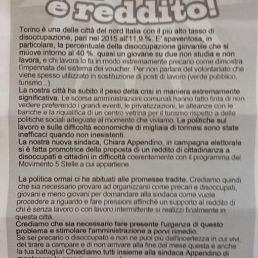 Reddito di cittadinanza, volantini nei Caf:&quot;Appendino mantenga le promesse&quot;