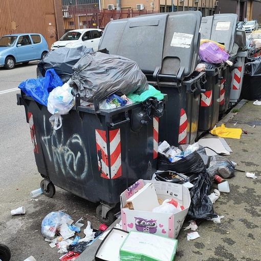 Bidoni strapieni e immondizia dappertutto in via Torricelli a Nichelino