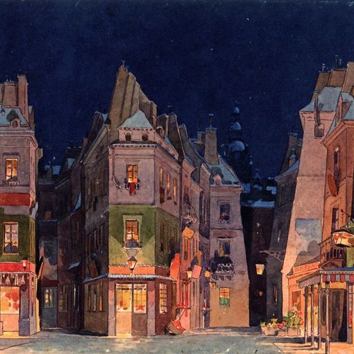&quot;La bohème - Quadro II&quot;. Bozzetto di Adolf Hohenstein per la prima assoluta al Teatro Regio di Torino, custodito dall'Archivio Storico Ricordi di Milano