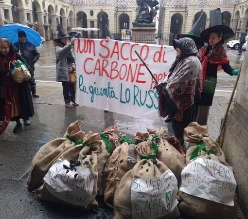 Carbone per la Giunta Lo Russo (foto tratte dalla pagina Fb 'Salviamo gli alberi di corso Belgio')