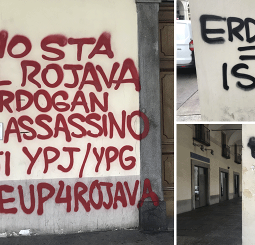 Sui muri di Torino la rabbia contro Erdoğan: imbrattate le colonne di via Po