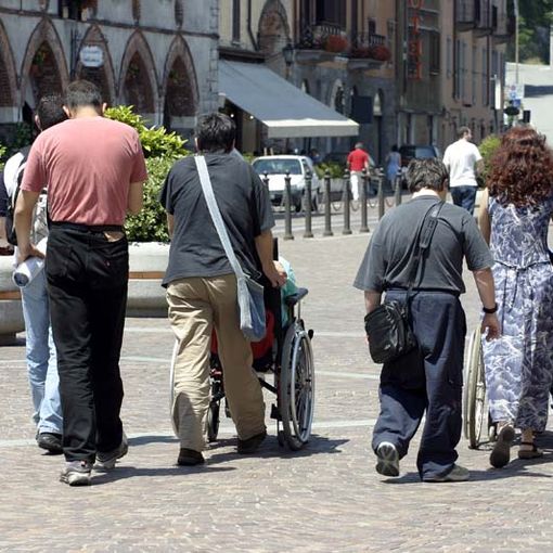persone in sedia a rotelle spinte da altre persone