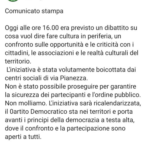 Il Circolo PD 5 Torino: &quot;Oggi dibattito sulla cultura in periferia boicottato dai centri sociali di via Pianezza&quot;
